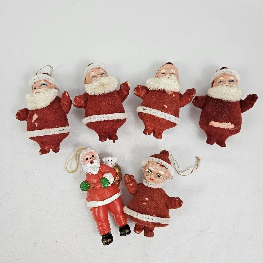 Vintage 6 Blow Mold Santa Mrs Clause Christmas Tree Light Covers MCM Flocked